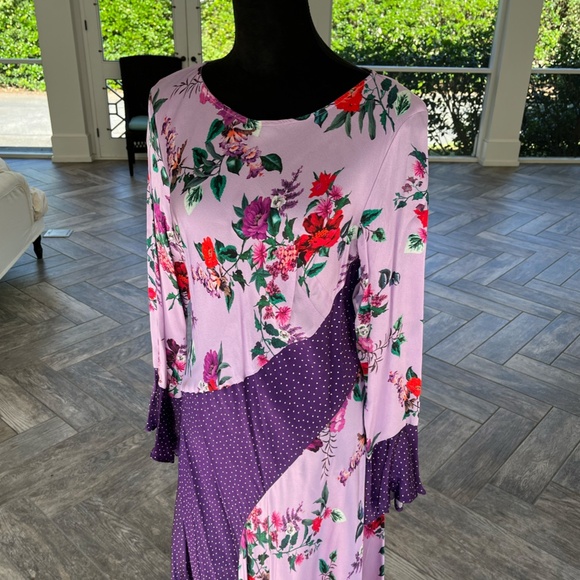 Ghost Carly Purple Floral Polka Dot Bell Sleeve Dip Hem Midi Dress, Size M - Picture 2 of 5